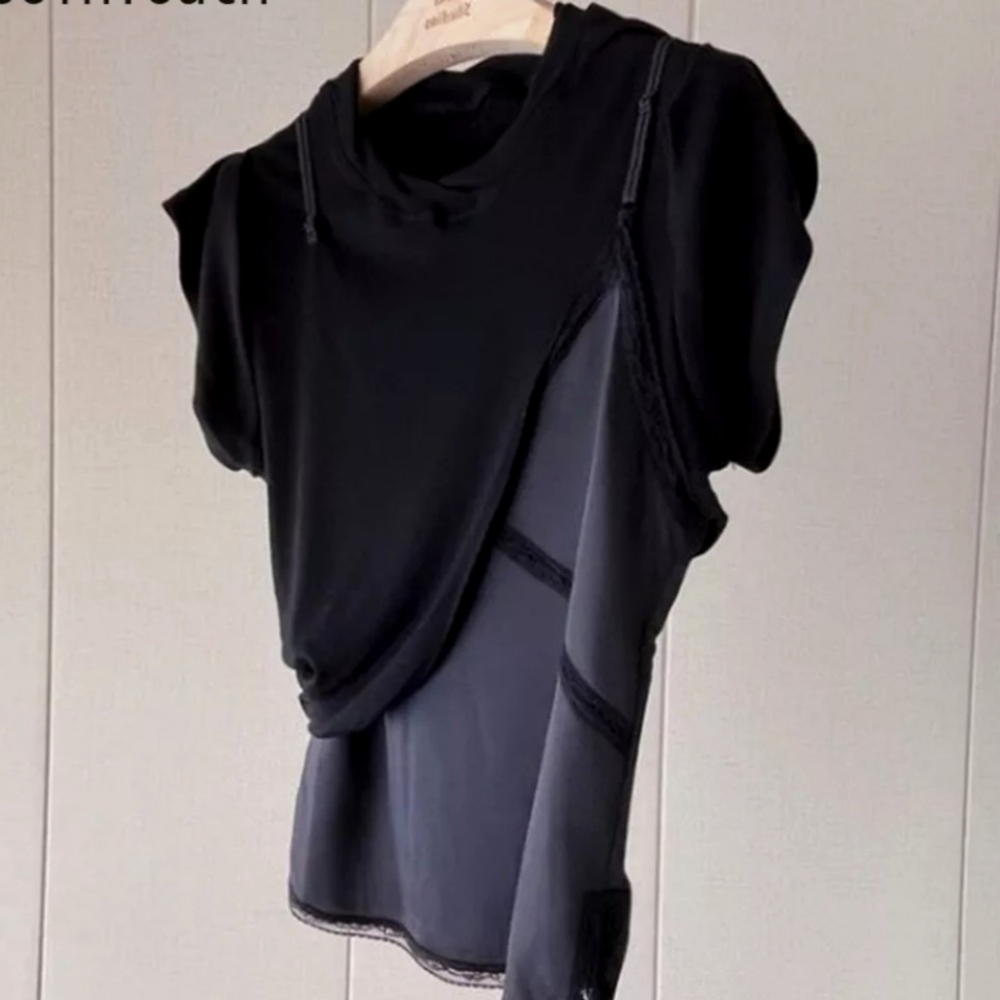 Black Sleeveless Draped Lace-Trim Tee - Women